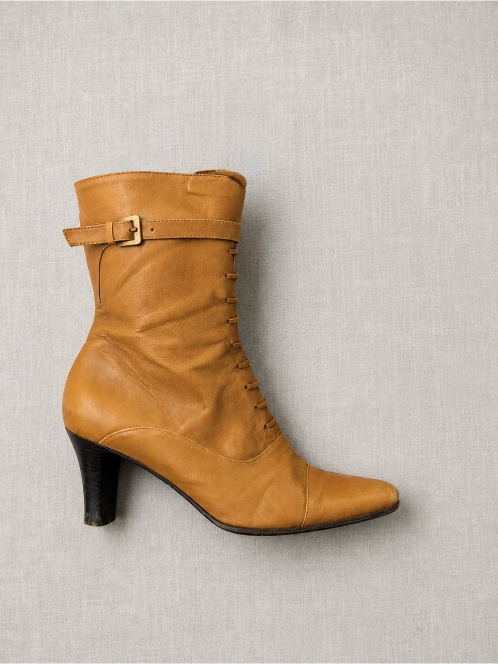 Vintage Nickels Lace-Up Tan Leather Heeled Midi Boots